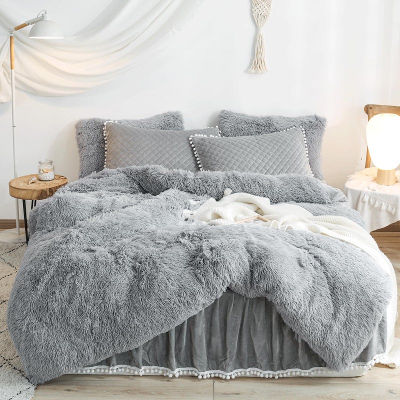 HAIHUA Furry Gray Comforter Cover Queen Set, Soft Fuzzy Faux Fur Gray Bedding Queen Set 3 Pieces (1 Fluffy Duvet Cover + 2 Plush Pillow Cases) Shaggy Bed Set, Zipper Closure - Image 1